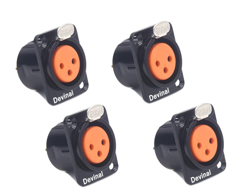 Devinal XLR Female Jack 3 Pin - Chassis Panel Mount Jacks D Series Size, Black Metal Housing - Fits Series D Pattern Holes Audio Studio Connector - 4 Pack - Image 1